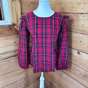 J. Crew Womens XL Red Plaid Ruffle Balloon Sleeve Top Cotton Tartan Peasant Scot